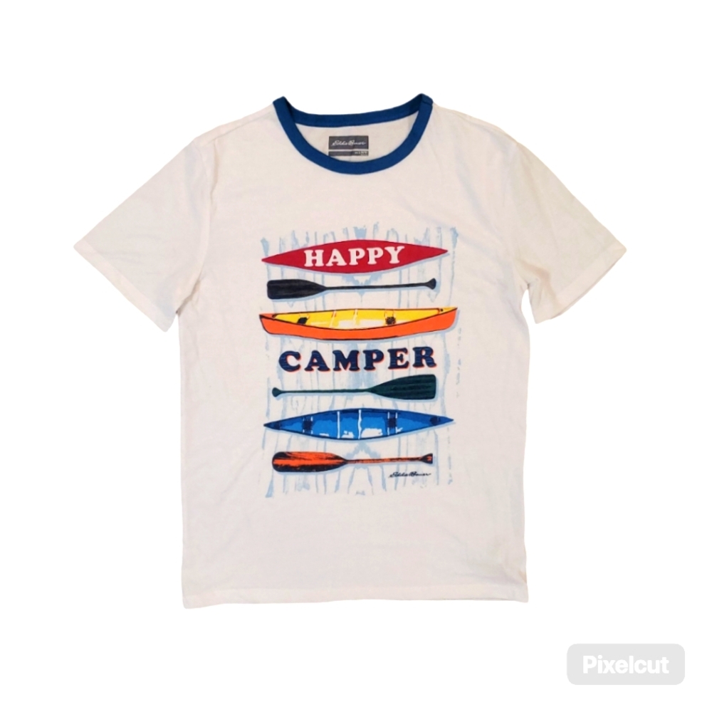 Eddie Bauer Youth‎ White Happy Camper Canoe Ringer Crew Neck T-Shirt Large